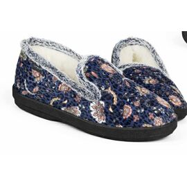 Charentaises Femme Semelle Caoutchouc – Bleu Fleuri – Chaussons Maison - 39