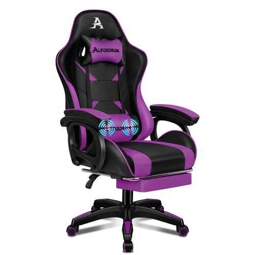 ALFORDSON Chaise de bureau, chaise de bureau avec coussin lombaire massant, chaise d'ordinateur ergonomique avec dossier inclinable, chaise pivotante avec repose-pieds, cuir PU, violet