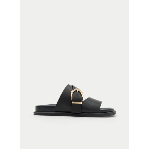 Sandale Plate Noire Avec Boucle Dorée