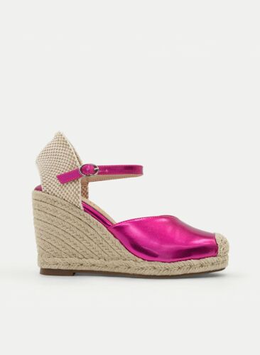 Espadrilles Compensées Fuchsia Métallisées Avec Plateforme En Jute