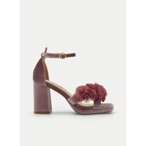 Sandale En Velours Rose Talon Avec Plateforme Et Fleur