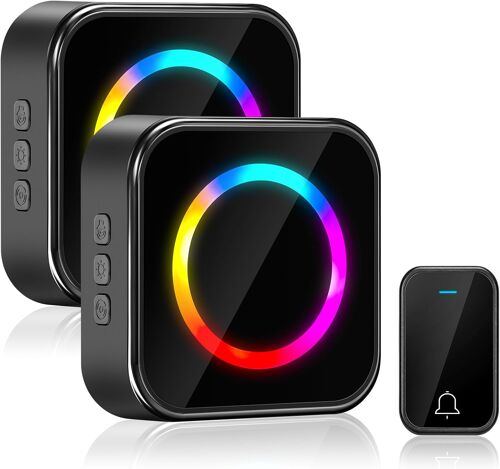 KALANKA-Sonnette sans Fil Exterieur Etanche, Sonnette sans Fil Longue Portée de 400M avec 2 Récepteurs Enfichables et 1 émetteur,63 Mélodies 4-Niveaux, Lumières LED Colorées