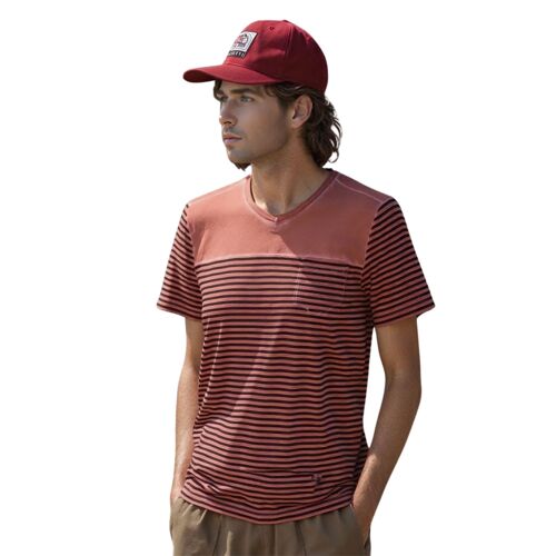 Tee-Shirt Homme Rouge - Col V - Manches Courtes 100% Coton Coupe Ajustée Et Rayures