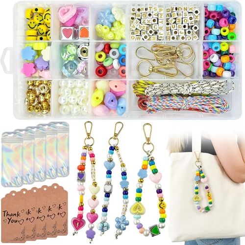 KALANKA-Kit de fabrication de porte-clés en perles : 431 pièces - Fournitures de bricolage avec perles de l'alphabet - Breloques en forme de c?ur, d'étoile, de fleur pour sac à main - Ensemble de fab