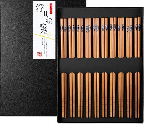 Kalanka-Baguettes Japonaises Réutilisable Bambou Naturel Baguette Coffret Cadeau Avec Boîte Noire Exquise, 10 Paires ( Petit Poisson Patterns)