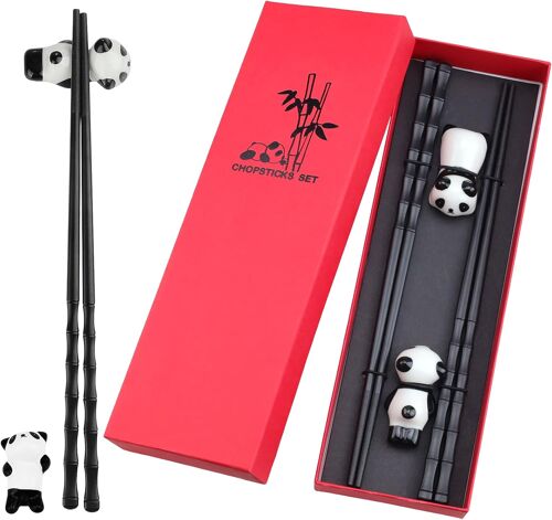 Kalanka-2 Paires Baguette Chinoise, Avec 2 Repose-Baguettes Panda, Ensemble De Baguettes Panda, Baguettes À Sushi, Pour La Maison, Le Restaurant Et Les Cadeaux (Noir)