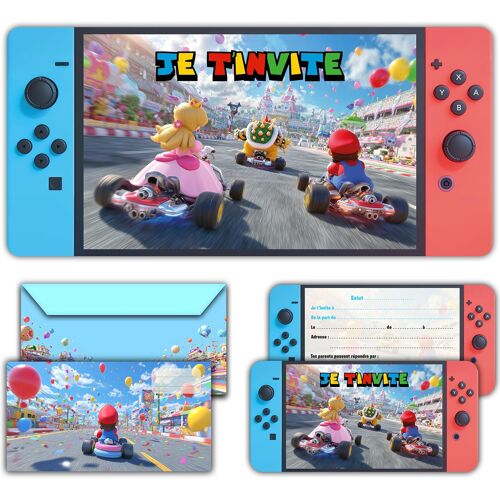 KALANKA-Lot de 12 Cartes Invitation Anniversaire pour Jeux Vidéo Switch avec Enveloppes Assorties - Idéal Enfant Garçon Ado - Cartons Préremplis en Français pour Fête ou Goûter d'Anniversaire