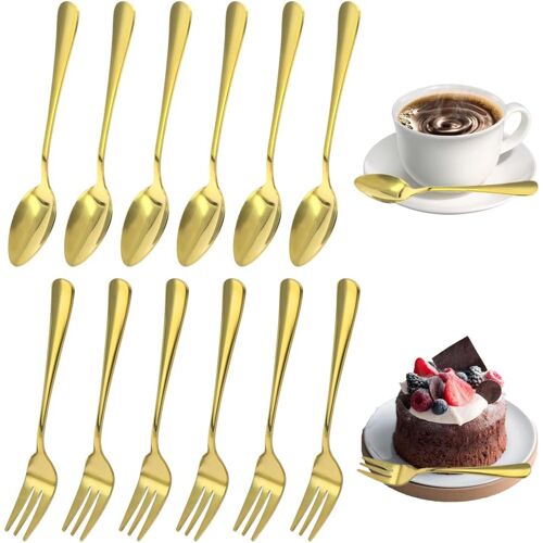 Kalanka-Lot De 24 Petites Cuillères Et Fourchettes À Gâteau En Acier Inoxydable Doré, 12 Cuillères À Soupe Et 12 Fourchettes, Lavable Au Lave-Vaisselle