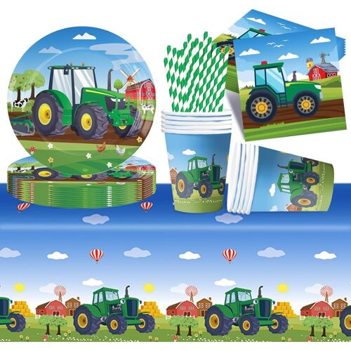 Kalanka-Lot De 69 Vaisselle Tracteur Décoration D'anniversaire Pour 16 Invités - Assiettes En Carton, Serviettes De Table