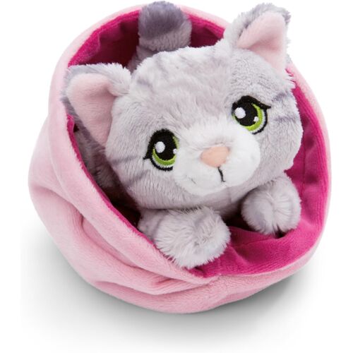 KALANKA-Little Paws Doudou Chat 12 cm Gris tigré dans Un Panier Rose - Peluche Moelleuse, Animal en Peluche pour câliner, Jouer et Aimer - 61331