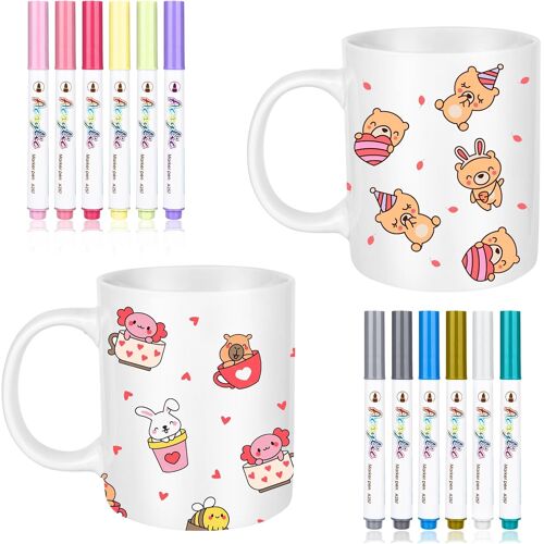 Kalanka-Kit De Peinture En Céramique Lot De 2 Tasses À Peindre 12 Couleurs De Crayons En Porcelaine Imperméables, Tasses En Céramique Blanches