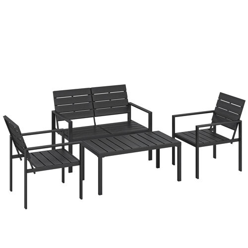 Salon De Jardin 4 Pièces 4 Personnes - Banc, 2 Fauteuils, Table Basse - Métal Hdpe Effet Bois Noir