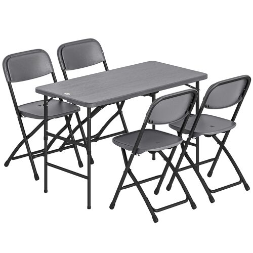Salon De Jardin Gris Pliable 4 Personnes - Ensemble Table Et Chaises - Plateau Effet Bois Gris