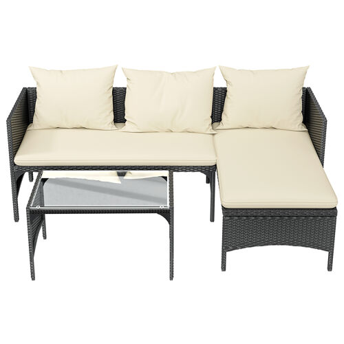 Ensemble De Mobilier De Terrasse En Rotin D'Extérieur, Comprenant Un Ensemble Canapé-Chaise Longue, Idéal Pour Les Vérandas Et Les Jardins ; Ensemble De Chaises D'Angle En L Peu Encombrant,Noir