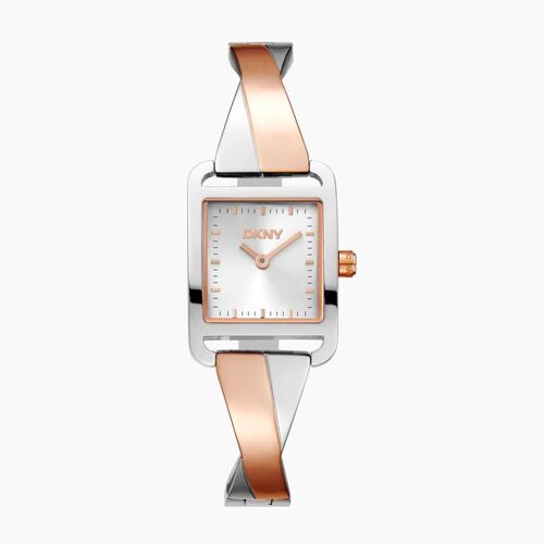 Montre Femme Dkny Iconic - Boîtier Carré En Acier Et Bracelet Rigide Bicolore Argent Et Or Rose