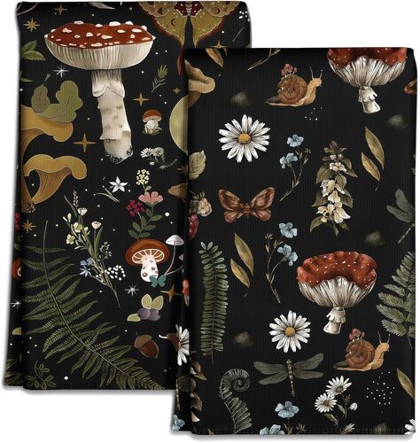 Kalanka-Lingettes Microfibre Torchons De Cuisine ¿ 2 Pièces Torchons 45 X 66 Cm, Serviettes De Printemps Avec Motif Champignon Noir, Douces Et Absorbantes, Design Esthétique, Accessoires De