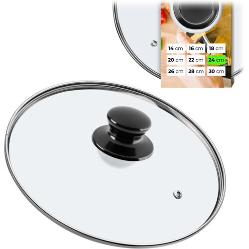 Kalanka-Couvercle En Verre Ø 24 Cm Pour Casseroles Et Poêles, Avec Trou Vapeur Intégré Et Poignée Noire Brillante, Pour Une Cuisson Plus Maîtrisée Et Moins De Débordements