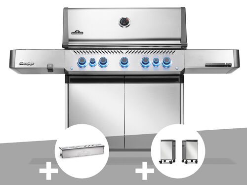 Barbecue à gaz Prestige 665 inox + Boîtier de fumage + 2 meubles de rangement tablette - Napoléon