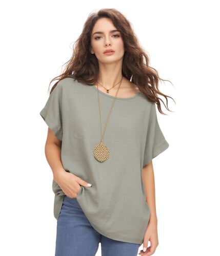 Tee-Shirt Femme Couleur Vert - Col Rond Manches Courtes Coupe Ample Avec Pendentif