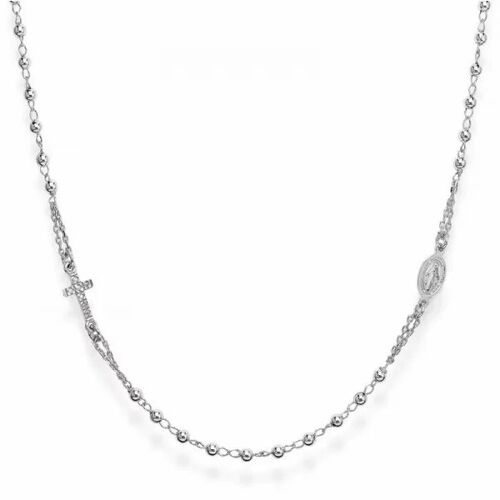 Collier Chapelet Amen Girocollo - Argent Sterling 925 Avec Médaille Miraculeuse Et Croix Sertie De Cristaux