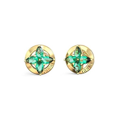 Boucles D'oreilles De Type Puces Guess - Motif Fleur Avec Cristaux Marquise Verts Et Finition Acier Doré