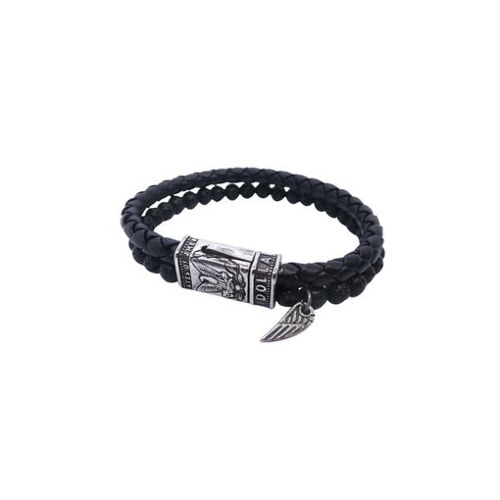 Bracelet Homme An Jewels - Design Double Rang En Cuir Tressé Noir, Perles De Pierre De Lave Et Charm Aile