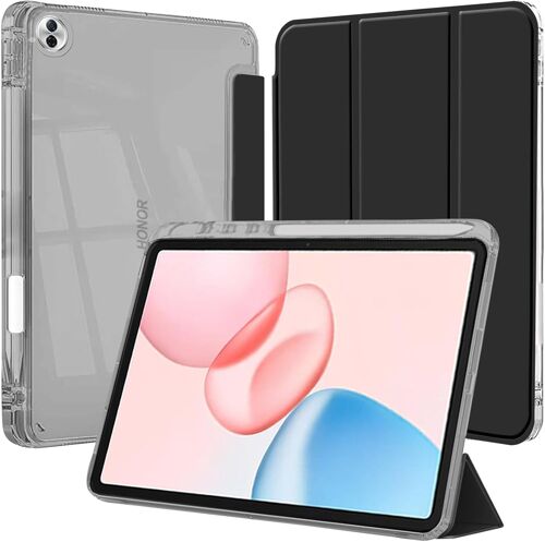 ELVORIX-Coque Folio pour Honor Pad 10 12,1 Pouces 2025 Tablette avec Pen Porte-Stylet, Étui Housse Arrière Clair Transparente Support Fine Antichoc, Noir
