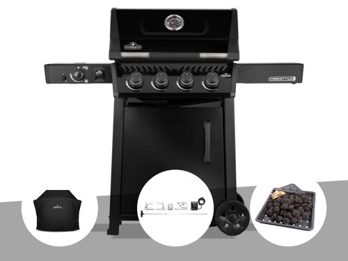 Barbecue gaz Freestyle 425 noir PRO 4 brûleurs + 1 sizzle zone + Housse + Rôtissoire + Plateau charbon - Napoléon