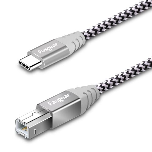 Fasgear Cable midi en nylon tresse de type C vers USB B avec connecteur en metal compatible avec imprimantes AiO, HP, Canon, Samsung, Brother, MacBook Pro, Dell et plus (5 m, gris)