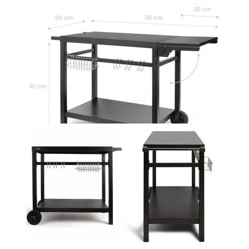 Desserte métal LIVOO pour plancha 85 x 50 cm ¿ extension rabattable, 2 roues tout¿terrain, compatible 2/3/4 brûleurs