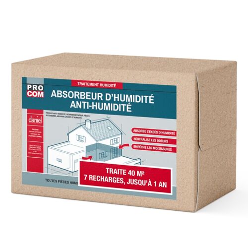 Absorbeur d'humidité, traitement 1 an, produit anti-humidité, déshumidificateur pièces intérieures, neutralise les odeurs PROCOM kit 40 m² + 7 recharges