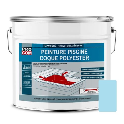 Peinture piscine coque polyester, béton, peinture piscine polyuréthane étanche et souple, haut de gamme PROCOM 12.5 Kg Bleu clair