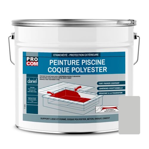 Peinture piscine coque polyester, béton, peinture piscine polyuréthane étanche et souple, haut de gamme PROCOM 12.5 Kg Gris clair (RAL 7047)