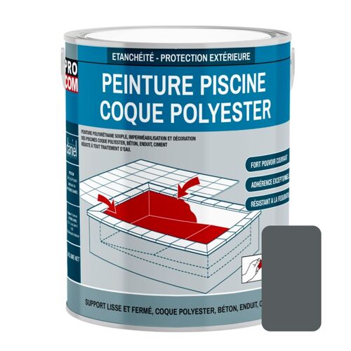 Peinture piscine coque polyester, béton, peinture piscine polyuréthane étanche et souple, haut de gamme PROCOM 3 Kg Gris foncé (RAL 7012)