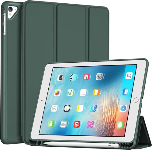 ELVORIX-Coque avec Porte-Stylet pour iPad 6/5ème Génération 2018/2017, iPad Air 2/1, 9.7 Pouces, Nouvel Étui Amélioré, Housse de Protection Anti-Chute -Vert Nuit
