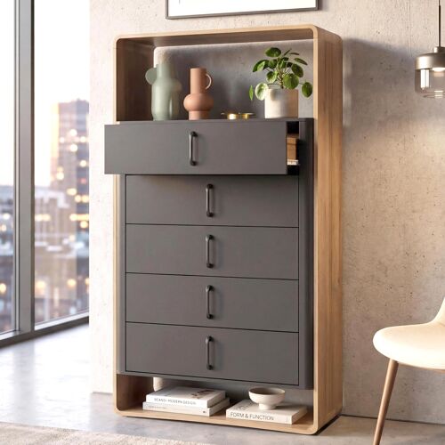 Buffet haut HWC-P43, buffet haut, commode, 5 tiroirs, MDF, 155 x 80 x 41 cm   aspect chêne Rivera, gris foncé