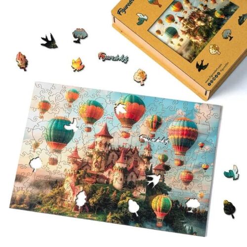 Figured'Art Puzzle en Bois Adulte et Enfant 200 pièces - Château et Montgolfières - Design Original 32x22 cm Forme Unique