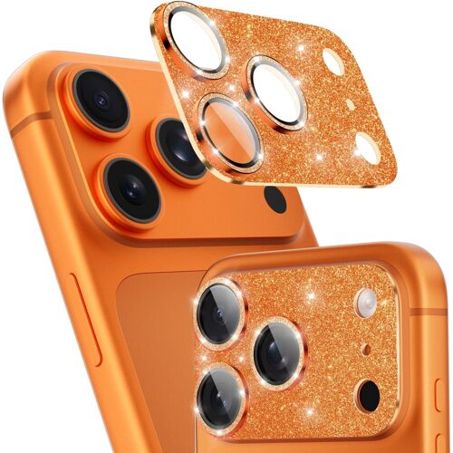 KALANKA-Protecteur d'Objectif de Caméra pour iPhone 17 Pro, Verre Trempé 9H Ultra HD Brillant Protection d'Objectif Écran Caméra Diamant, Anti-Rayures, Installation Facile - Orange Pailleté