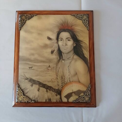 Cadre vintage "Guerrier Indien" tirage photo encadré bois