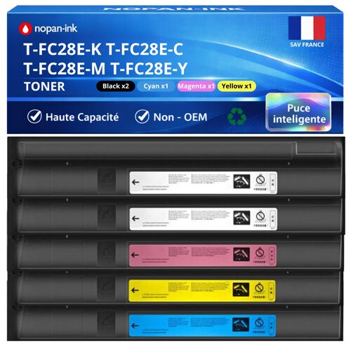 Pack de 5 Toners compatible pour imprimantes Toshiba T-FC28E-K C M Y 6AJ00000047 6AJ00000046 6AJ00000048 6AJ00000049 Noir et Couleurs NOPAN-INK