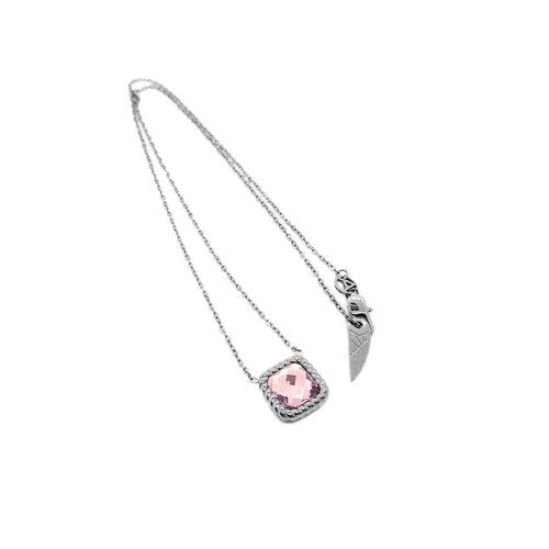 Collier Femme An Jewels En Acier Argenté - Pendentif Carré Avec Cristal Rose Et Charm Aile