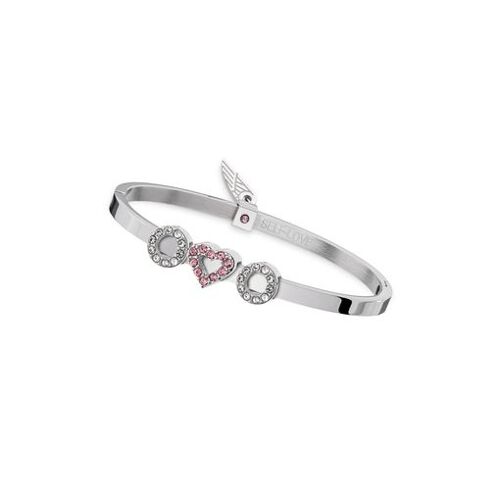 Bracelet Jonc Rigide An Jewels En Acier Argenté - Triple Motif Cristaux Roses Et Blancs Avec Gravure ""Self-Love