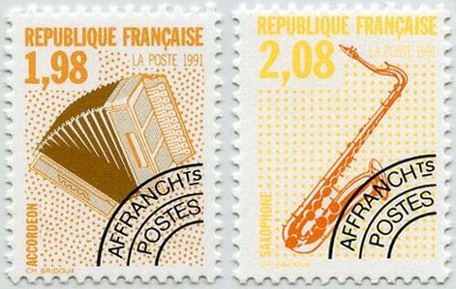 France 1992, Très Beaux Timbres Neufs* Luxe Préoblitérés Yvert ° 214, Instruments De Musique, L' Accordeon 1f98 Orange Et 215, Le Saxophone, 2.08f. Jaune.