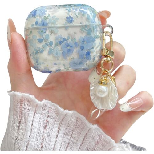 ELVORIX-Coque mignonne pour AirPods 4, motif floral kawaii exquis pour femme, housse de protection créative 3D fleur dessin animé (bleu)