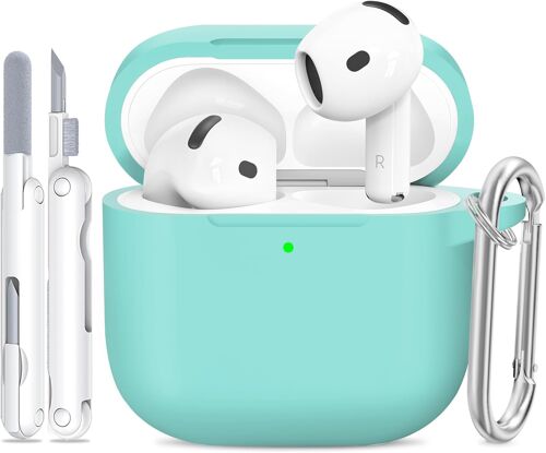 ELVORIX-Coque pour AirPods 4 (2024), coque de protection en silicone souple, avec kit de nettoyage et porte-clés ¿ [Prise en charge du chargement sans fil] ¿ Vert menthe