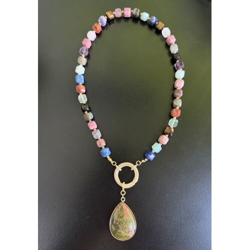 Collier Sautoir Unakite Et Diverses Pierres Véritables