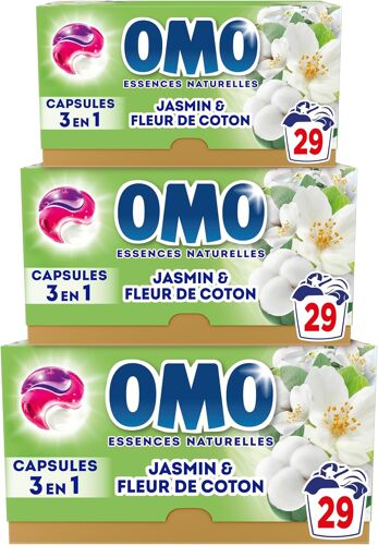 OMO - Lessive liquide en capsules 3 en 1 Prendre l'air - lot de 3x29 = 87 lavages - Jasmin et Fleurs de Coton - propreté éclatante &amp; parfum longue durée aux essences naturelles