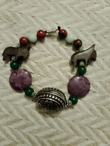Bracelet Artisanal En Bois/Pierres/Verre/Métal Argenté/Multicolore .