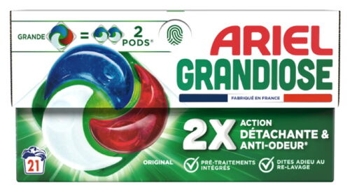 Ariel Grandiose PODS, Lessive Liquide En Capsules 21 Lavages, Original 2 Actions ; Détachante et Anti-Odeur