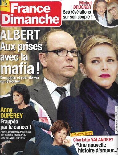 France Dimanche N°3666 02/12/2016 Albert & Charlène De Monaco/ Anny Duperey/ Charlotte Valandrey/ Audrey Fleurot/ Michel Drucker